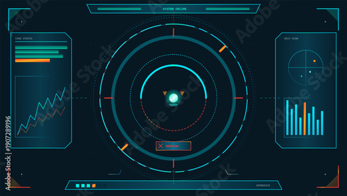 Futuristic heads up display with core status indicators and grid scan data on a dark background