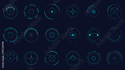 Futuristic heads-up display elements and target scopes for UI design and technology