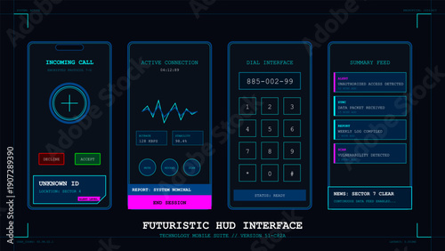 Futuristic dark blue user interface with digital data screens and communication panels