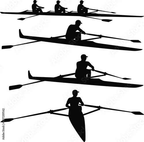 Rowing Team and Single Sculler Silhouettes Set with Competitive Water Sports Action, Canoe and Row Boat Athletes Vector Illustration Isolated on White BackgroundRowing Team and Single