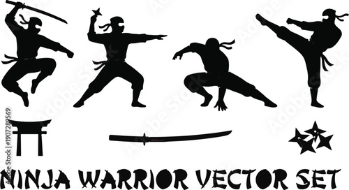 Silhouettes of ninja warriors in dynamic action poses with traditional weapons and symbols.