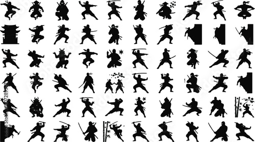 Numerous silhouetted martial artists are depicted in various dynamic poses, each holding a sword.