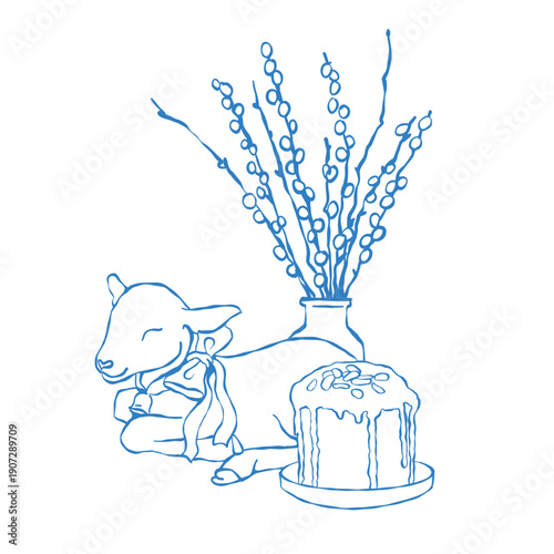 A cute lying goat with a bow, pussy willow, and Easter cake. Easter spring illustration. Vector composition. Blue outline drawing.