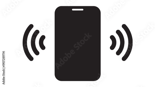 Smartphone vibration icon with ringing wave lines on both sides, minimal black silhouette isolated on white background for mobile notification, alert and call symbol