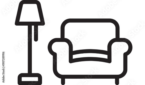 Sofa and floor lamp icon in bold outline style, minimal black line furniture symbol for living room interior design, home decor app UI, signage and infographic use