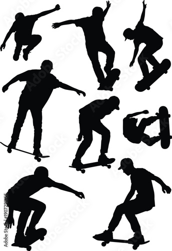 Skateboarder Silhouettes Set with Aerial Jumps, Tricks and Street Skateboarding Moves, Extreme Urban Action Sports Vector Illustration Isolated on White Background