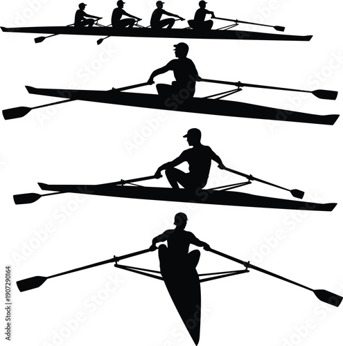 Rowing Athlete Silhouettes Set with Team Crew and Single Sculler Boats, Competitive Water Sports Racing Action Vector Illustration Isolated on White Background