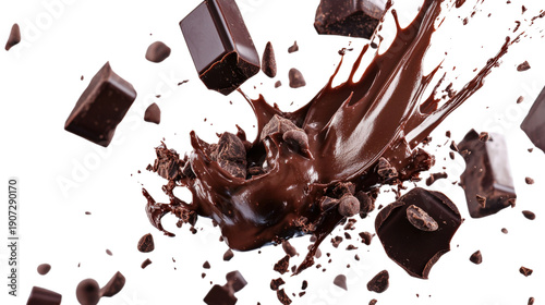 Chocolate splash with chocolate pieces and chunks falling on transparent background