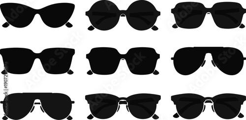 Collection of nine black sunglasses arranged in a three by three grid.