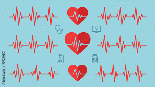 Multiple red heartbeats are displayed with medical icons against a light blue background.