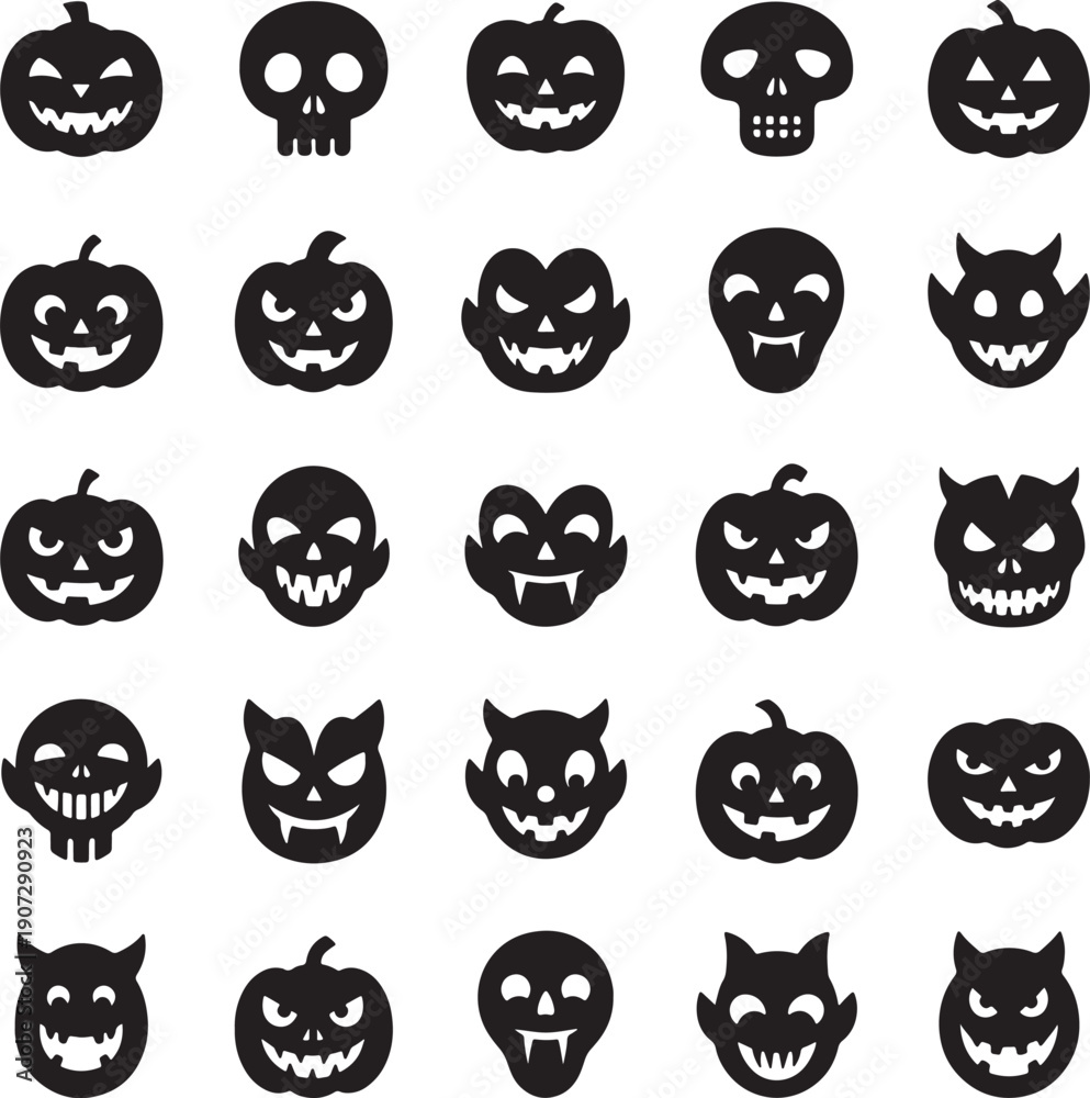 Fototapeta premium Collection of black Halloween pumpkin and skull with various spooky faces also transparent background