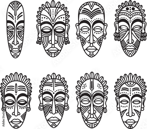 Collection of eight stylized black and white tribal masks with intricate geometric patterns and facial also transparent background