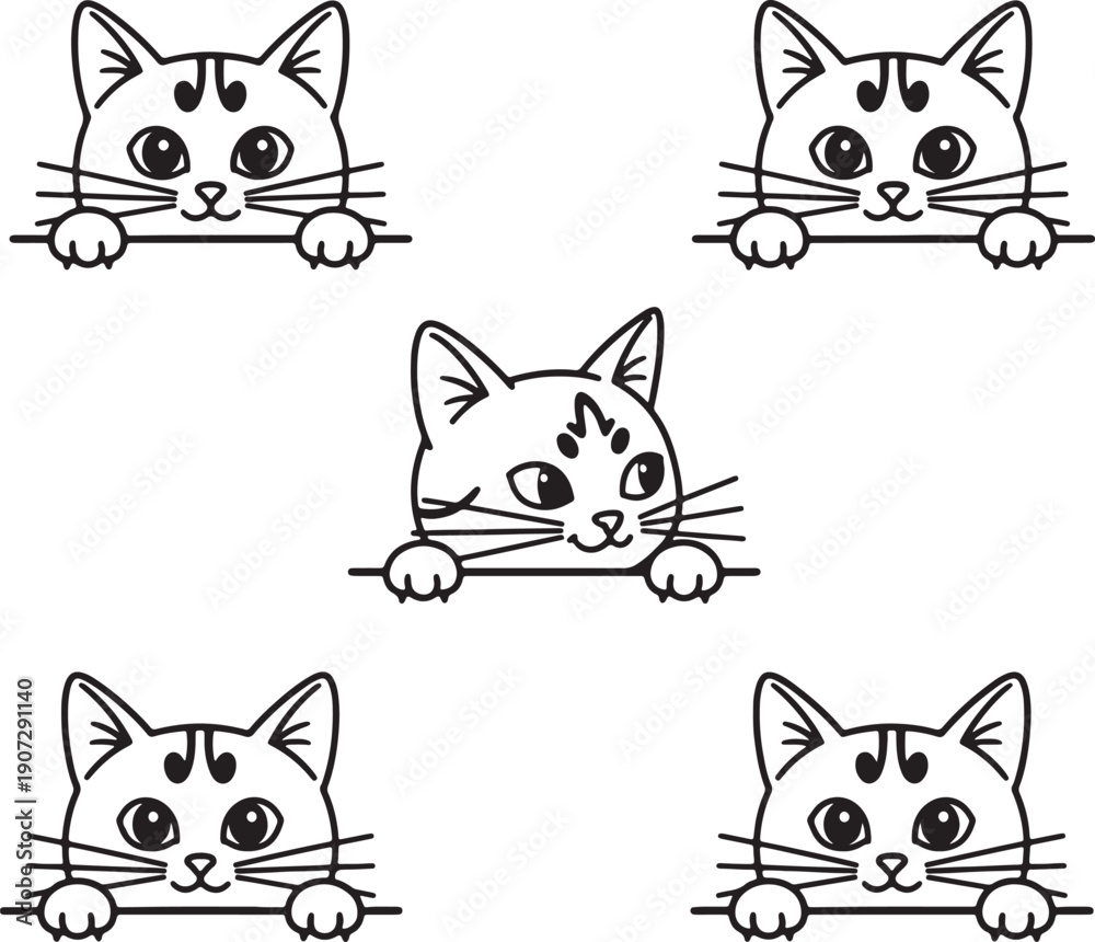Obraz premium Five cartoon cats peeking over a white surface with black outlines also transparent background kitten