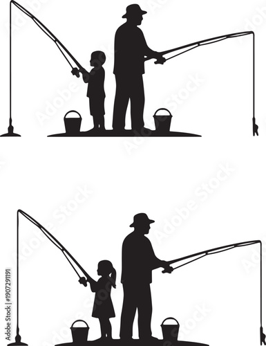 Silhouette of father and child fishing together with buckets on white background also transparent background