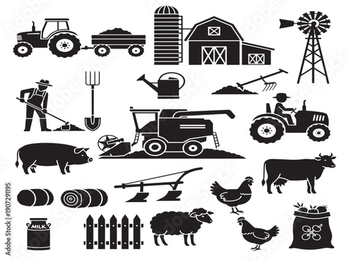 Agriculture farming silhouettes showing rural harvest lifestyle