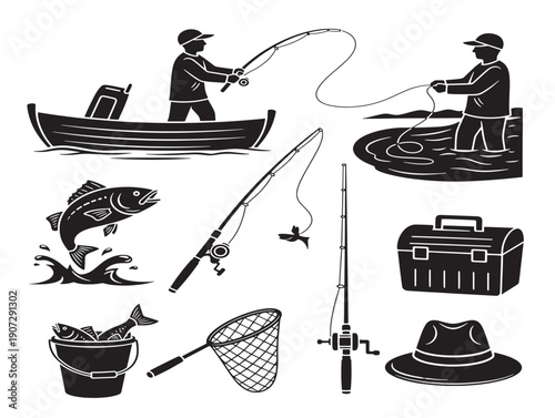 Fishing activity silhouettes showing outdoor leisure hobby