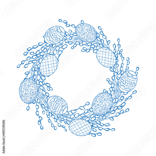 Easter wreath. Round Easter composition with eggs, pussy willow, and dried branches. Easter frame. Vector outline illustration in blue.