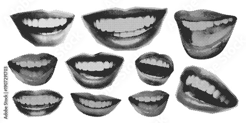 Vintage halftone lip set. Retro pop art mouth collection in distressed dot pattern style for edgy urban designs and grainy streetwear graphics.