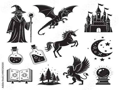 Magic fantasy silhouette icons for enchanting mythical and storybook themes