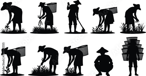 Collection of black farmer silhouettes working in fields with traditional conical hats and baskets representing organic agriculture, rural labor, and sustainable farming.