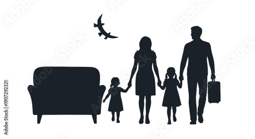 Silhouette of a family with luggage and a distant airplane