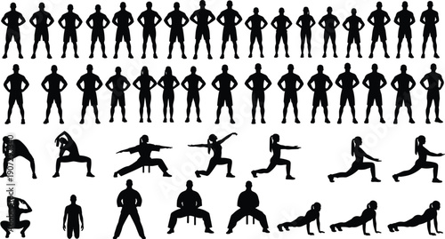 Fitness silhouette collection, workout exercise vector set, human posture illustration pack, gym training poses, stretching and strength elements, flat vector illustration