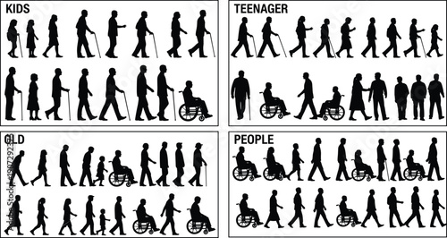 Human silhouettes collection, kids, teenagers, elderly people, mobility aids, inclusivity, diversity, life stages, walking, standing, wheelchair – flat vector illustration
