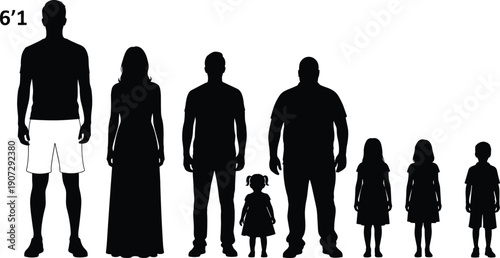 Human silhouettes height comparison, adults and children, body types, stature differences, growth stages, measurement reference, diversity – flat vector illustration