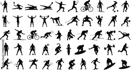 Sports silhouettes collection, athletes in action, tennis, swimming, cycling, skiing, basketball, soccer, skateboarding, surfing, running, fitness – flat vector illustration