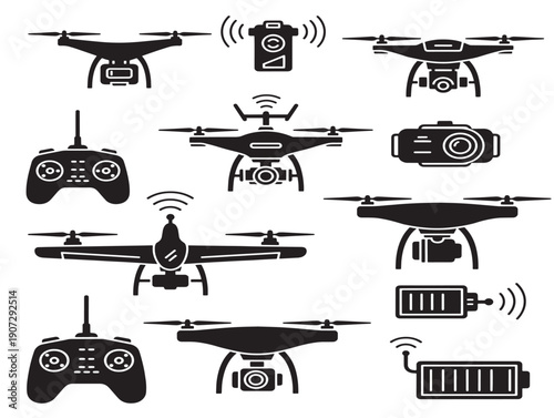 Drone technology silhouette icons for advanced tech and delivery service themes