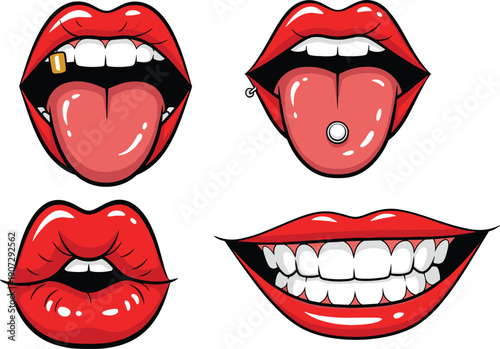Cartoon red lips expressions, mouth with gold tooth, tongue piercing, lip ring, smile, emotions, personality, accessories – flat vector illustration