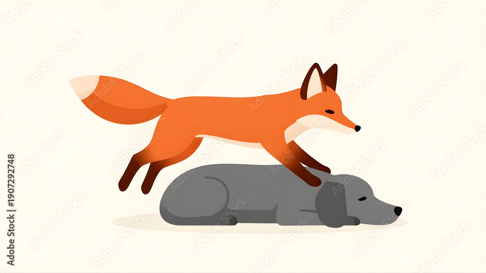 Obraz premium A quick brown fox jumps over a lazy dog in a minimalist flat vector illustration style isolated on a plain background.