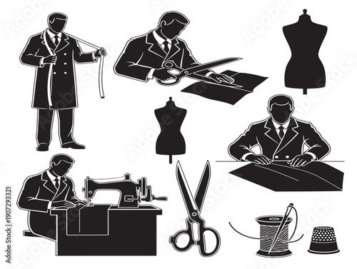 Sewing tailor silhouette icons for detailed stitching and garment creation projects
