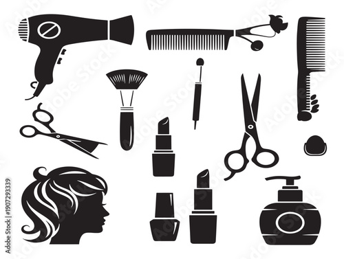 Beauty salon silhouette icons for stylish grooming and personal care service themes