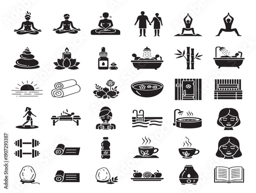 Spa wellness silhouette icons for tranquil health and rejuvenation experience concepts