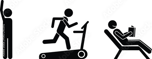 Collection of black stick figure icons featuring a person waving, running on a treadmill for fitness, and relaxing while reading a book.