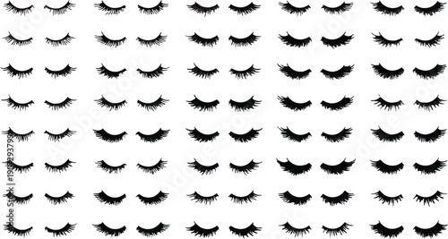 Numerous black false eyelashes are arranged in a grid pattern across a clean white background.
