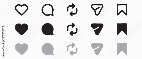 Social media interface icons vector set: heart, speech bubble, refresh, share, bookmark in outline, filled, and grey versions, isolated on white background.