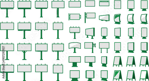 Numerous outdoor advertising billboards and signs are displayed in various styles and sizes.