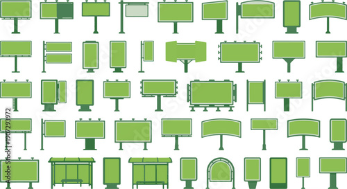 Numerous green billboard and display signage options are presented in a grid layout.