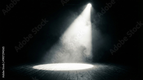 Spotlight illuminating empty stage with smoke on wooden floor  