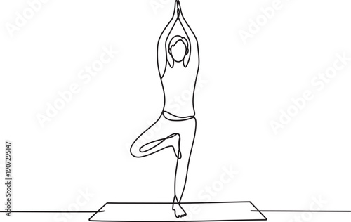 Continuous line drawing of woman doing yoga tree pose vrksasana on a mat for meditation