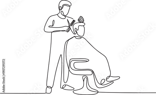 Continuous line drawing of barber giving haircut to client in salon chair minimalist silhouette