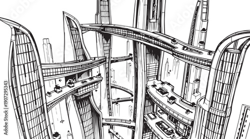 City landscape. Different buildings on street, outline cityscape hand sketch, flat houses. Hand drawn vector illustration