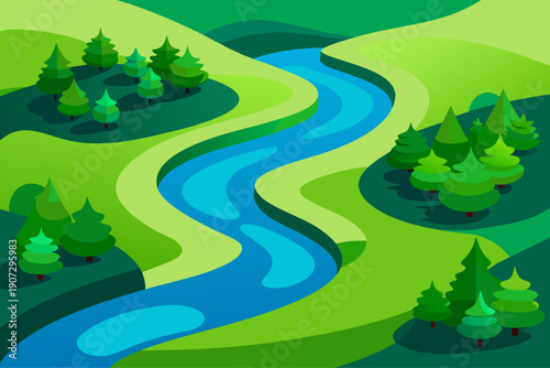 Serene river flowing through a lush green forest landscape