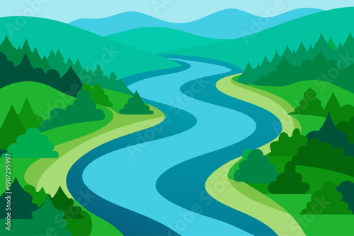 Serene river flowing through a lush green valley