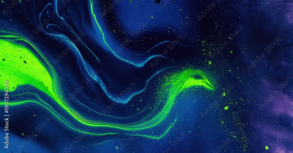 Obraz premium Fluid colors swirl, creating abstract patterns. Bright green contrasts deep blues, purples. Dynamic texture evokes cosmic energy, movement.