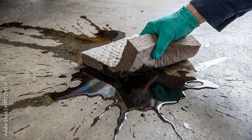 Worker cleans dark oil spill from concrete floor using an absorbent pad
