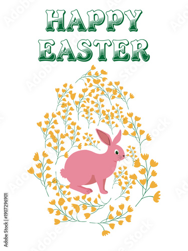 An Easter egg with a painted Easter bunny and floral designs. Kids egg games. He is risen, Happy Easter