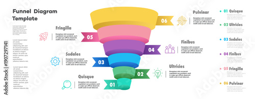 Funnel infographic 6 step 3d isometric for business strategy, start up project, presentation, sale, theory basic operation, logic analysis